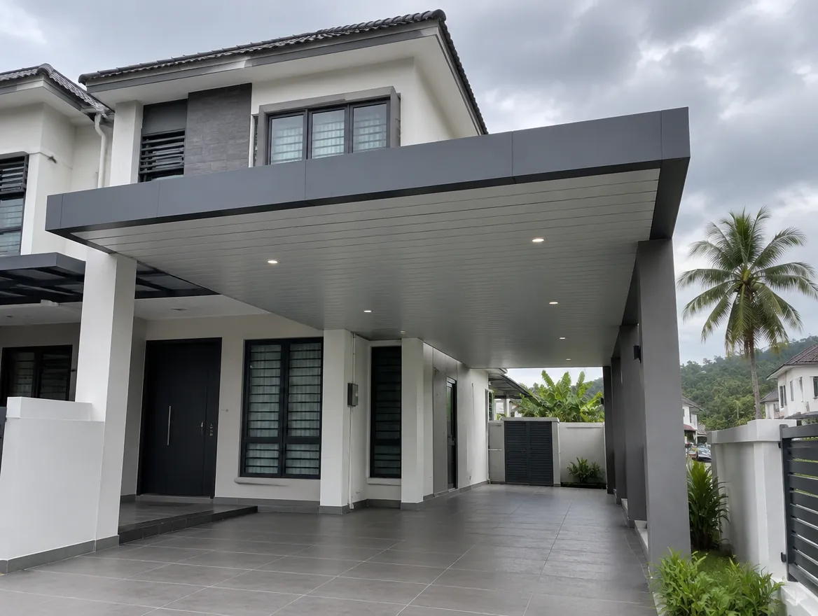 Charcoal ACP awning over a semi-detached house car porch