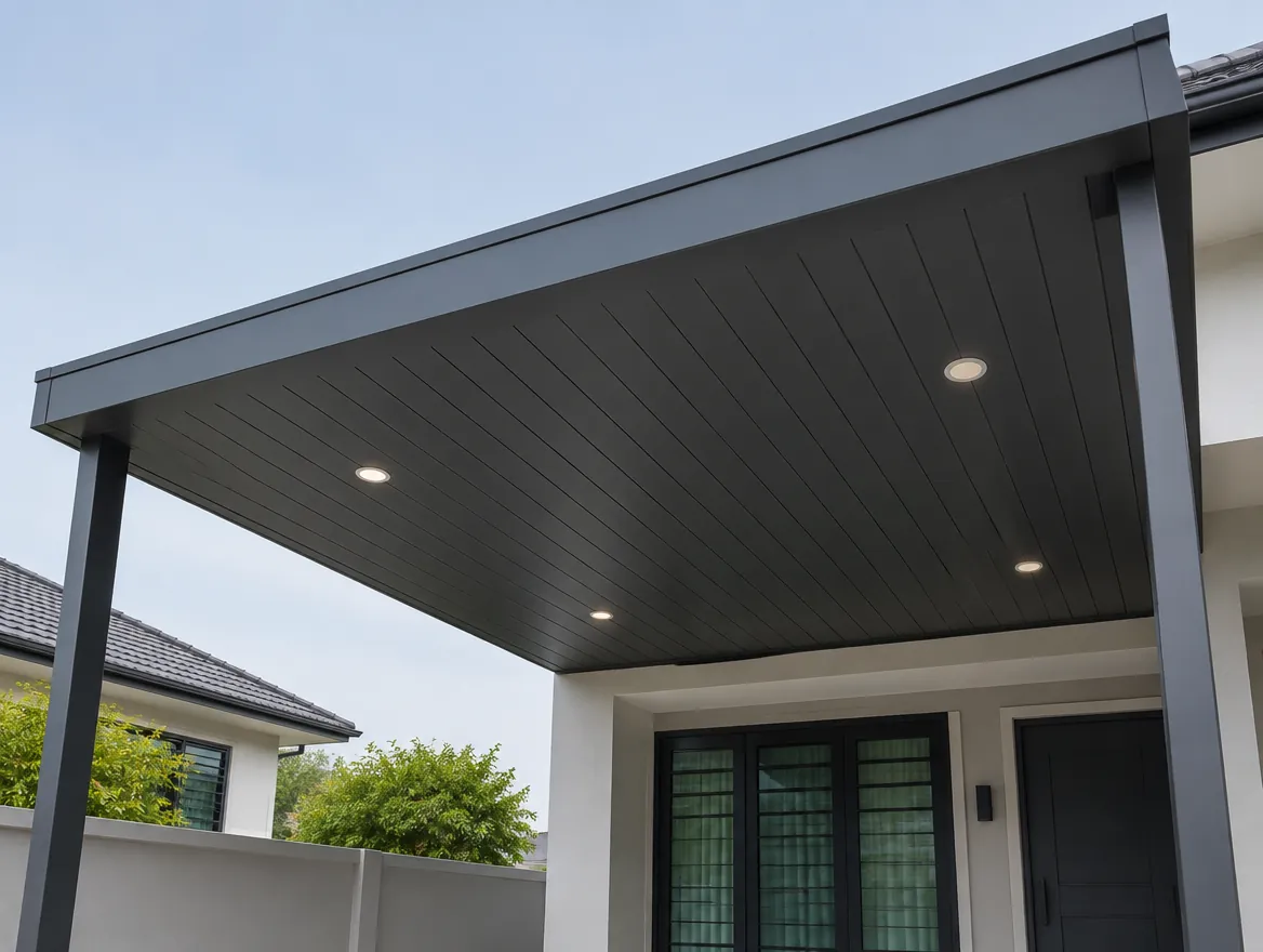 Underside of a charcoal ACP awning with aluminium strip ceiling and downlights