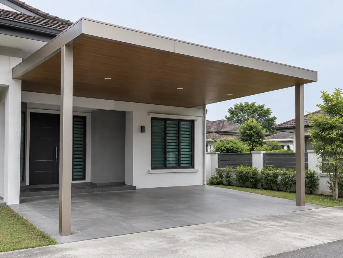 Wood grain ACP awning over a modern Malaysian bungalow car porch with champagne fascia
