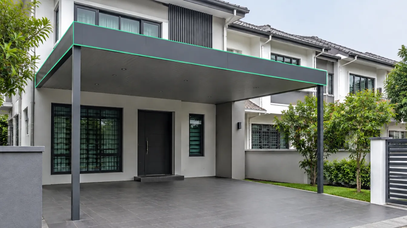 Charcoal ACP awning over a Malaysian terrace house car porch, two front posts, outlined in mint green