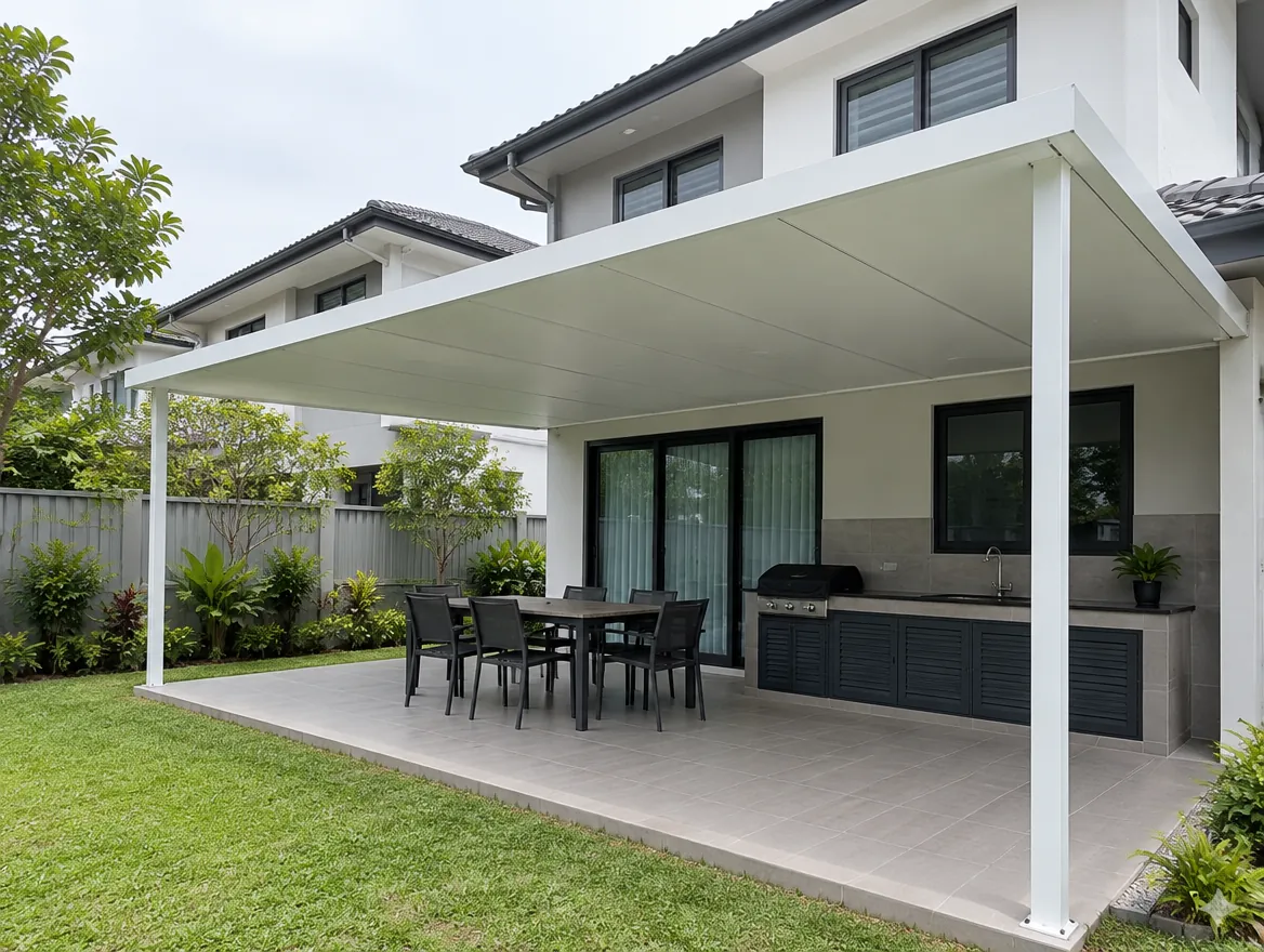 White PU metal awning over a Malaysian back porch and outdoor kitchen with visible panel joints
