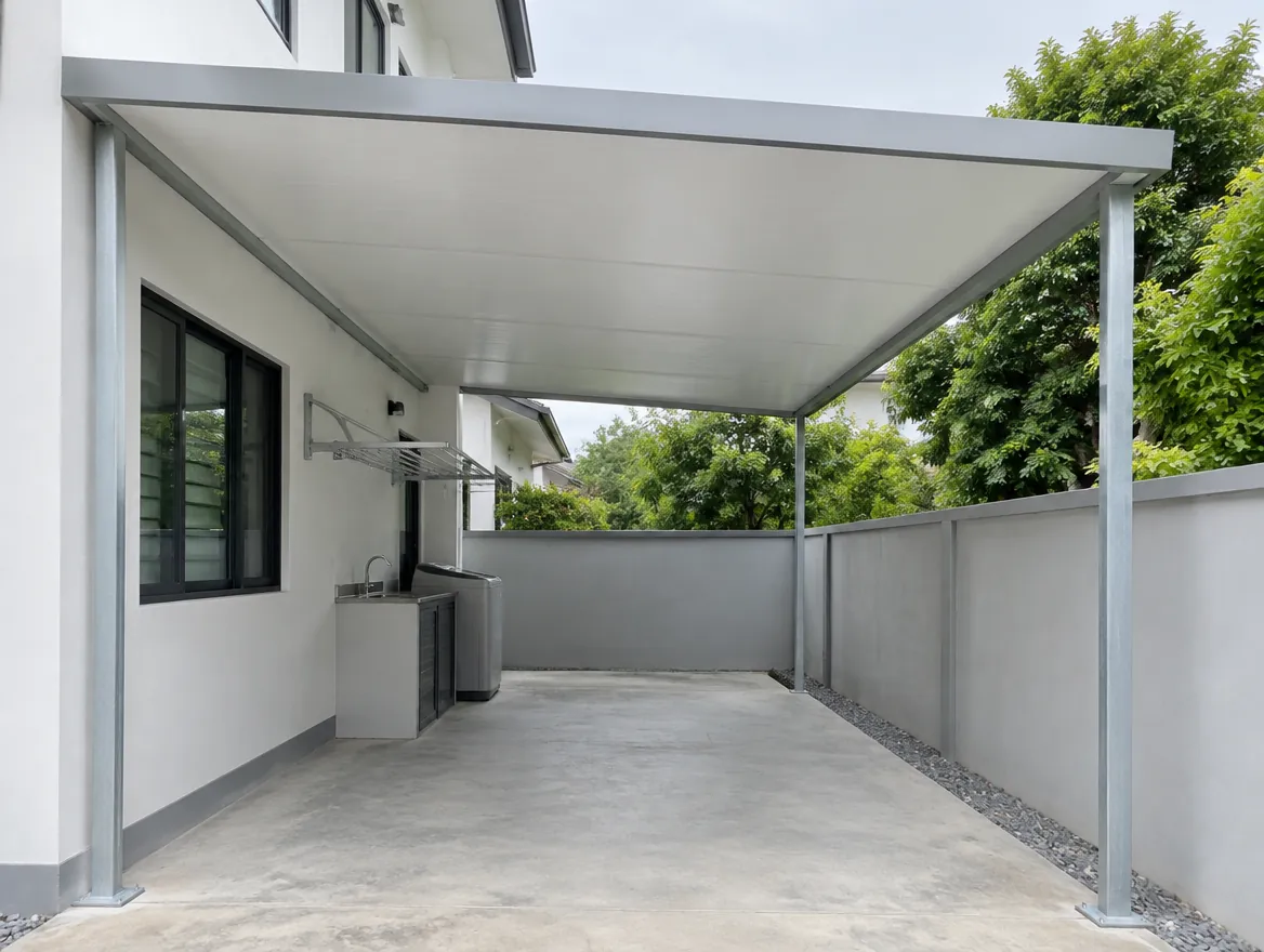 Light grey PU metal awning over a terrace house side drying yard