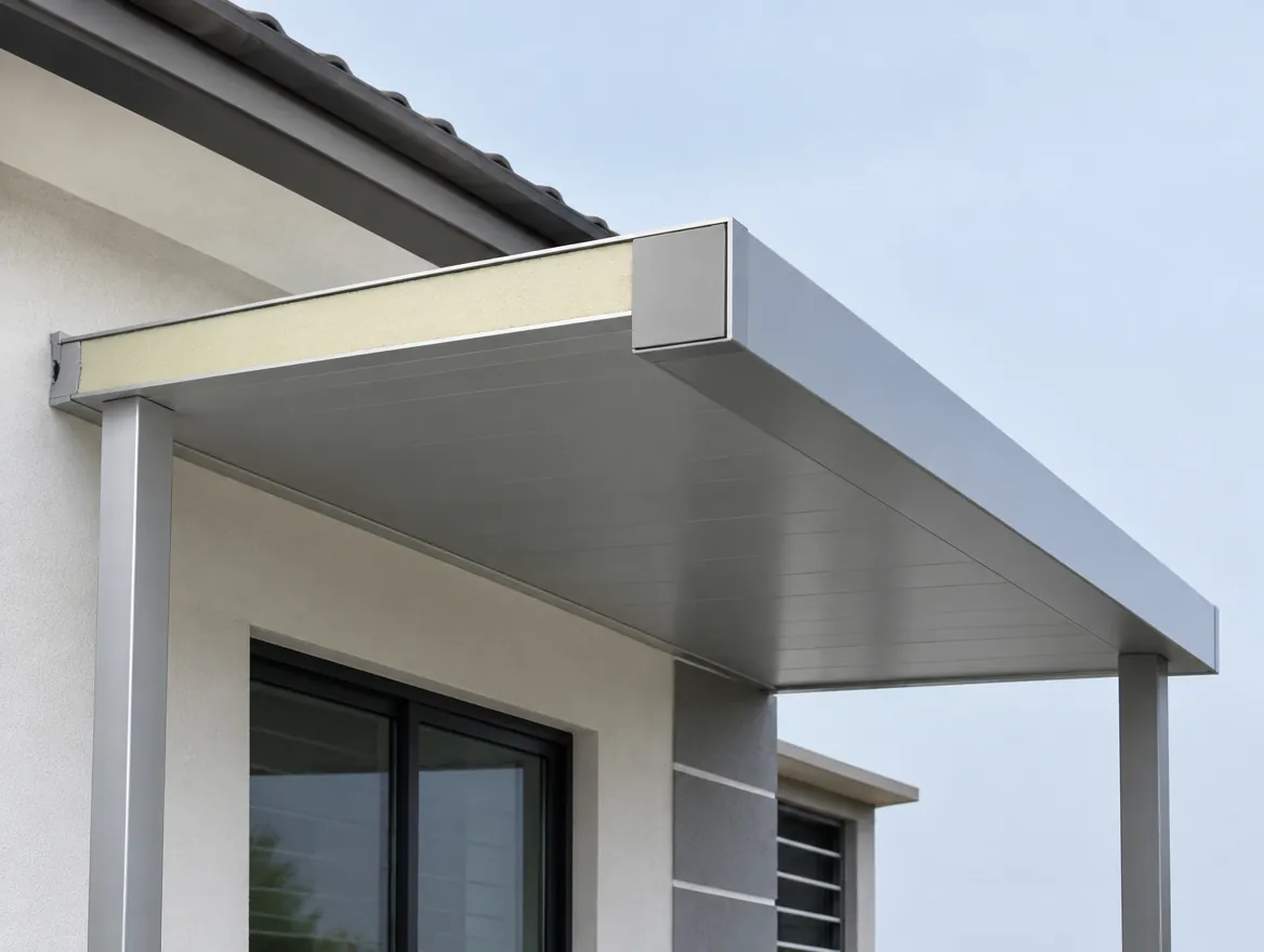 Close-up of a PU metal awning panel edge showing the foam core and sealed end cap