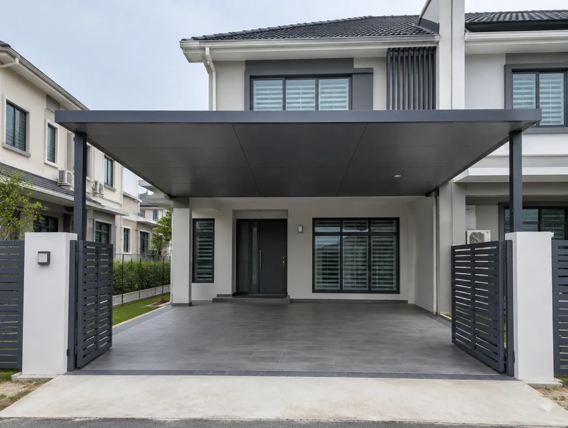 Charcoal ACP car porch roof extension on a Malaysian terrace house