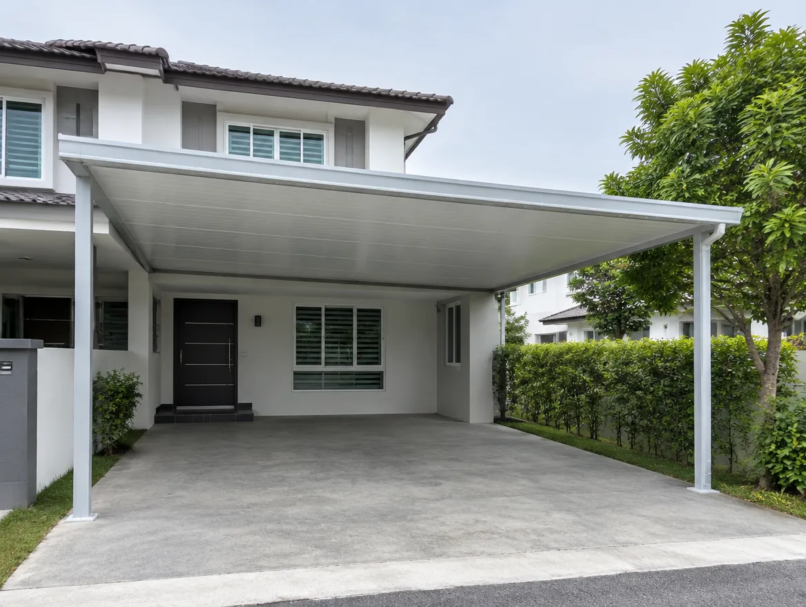 White PU metal car porch roof extension on a Malaysian semi-D