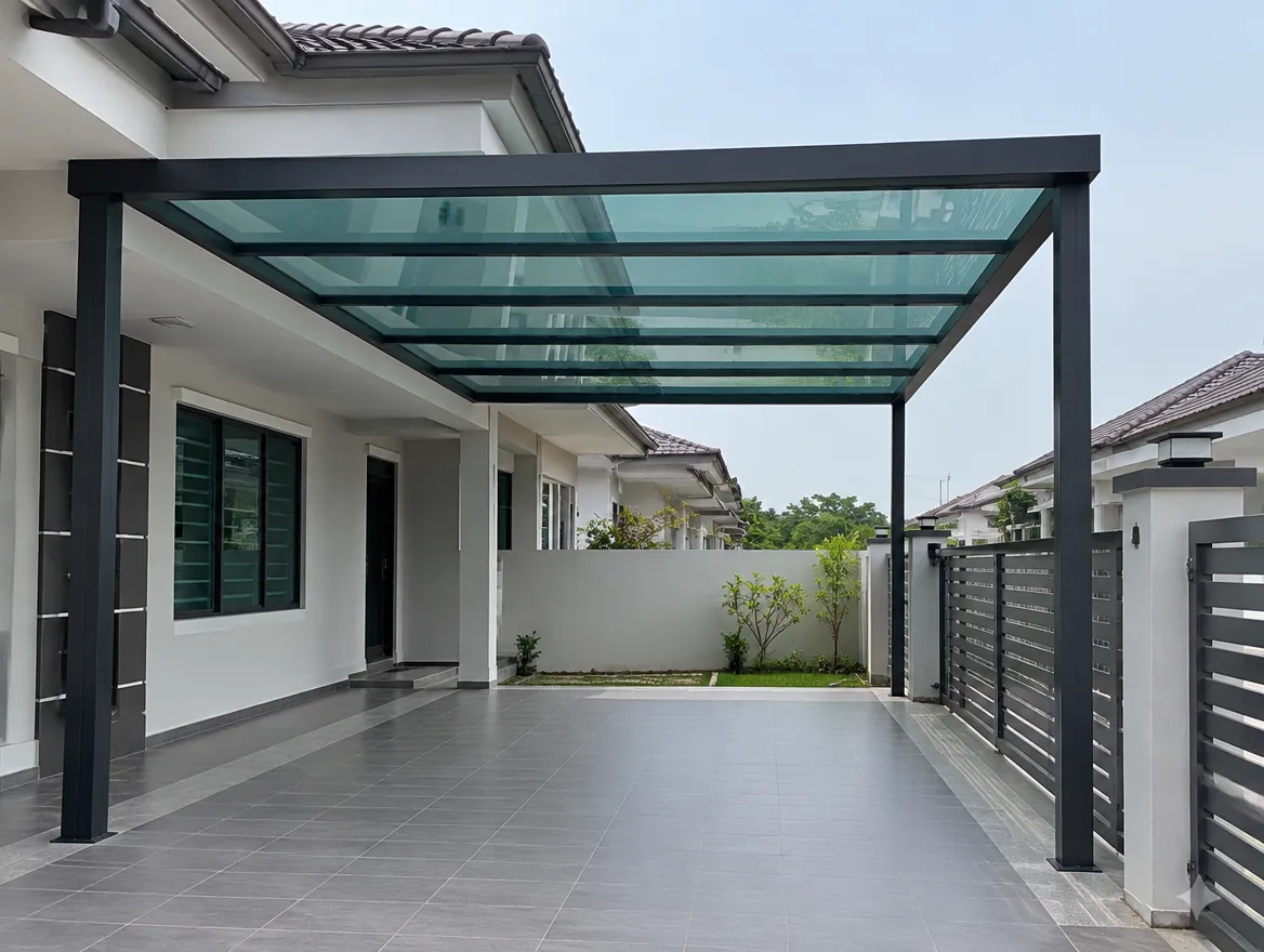 Side view of a glass car porch roof extension with two front posts and hidden gutter