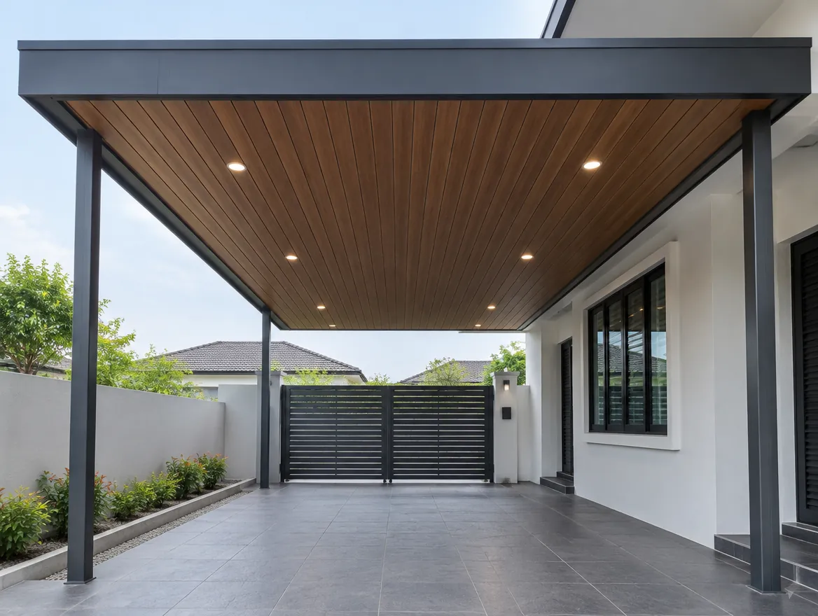 Underside of an ACP car porch roof extension with wood-grain strip ceiling and downlights