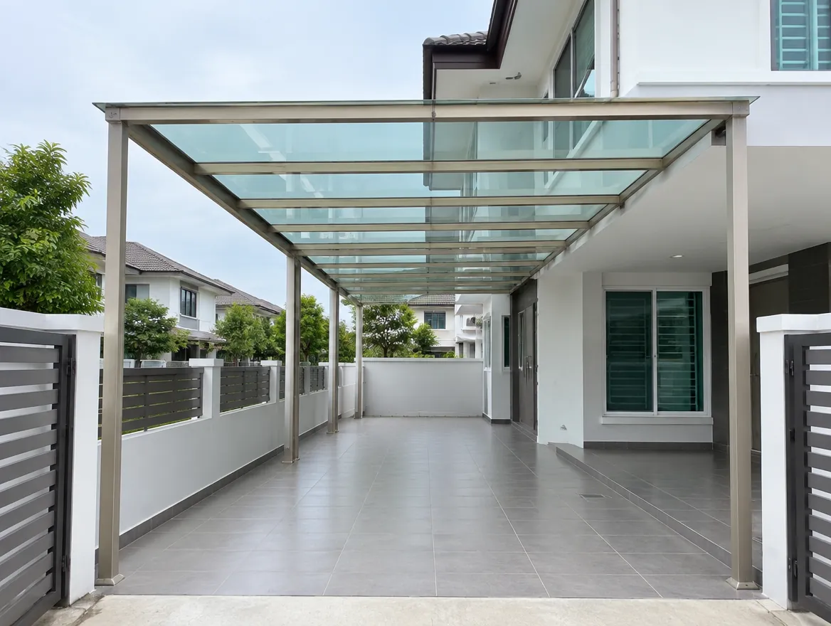 Long glass car porch roof extension covering two cars on a Malaysian corner lot