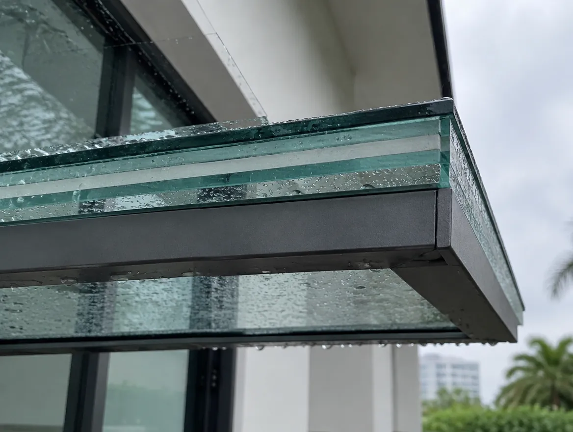 Close-up of a laminated glass awning edge with raindrops and slim aluminium frame