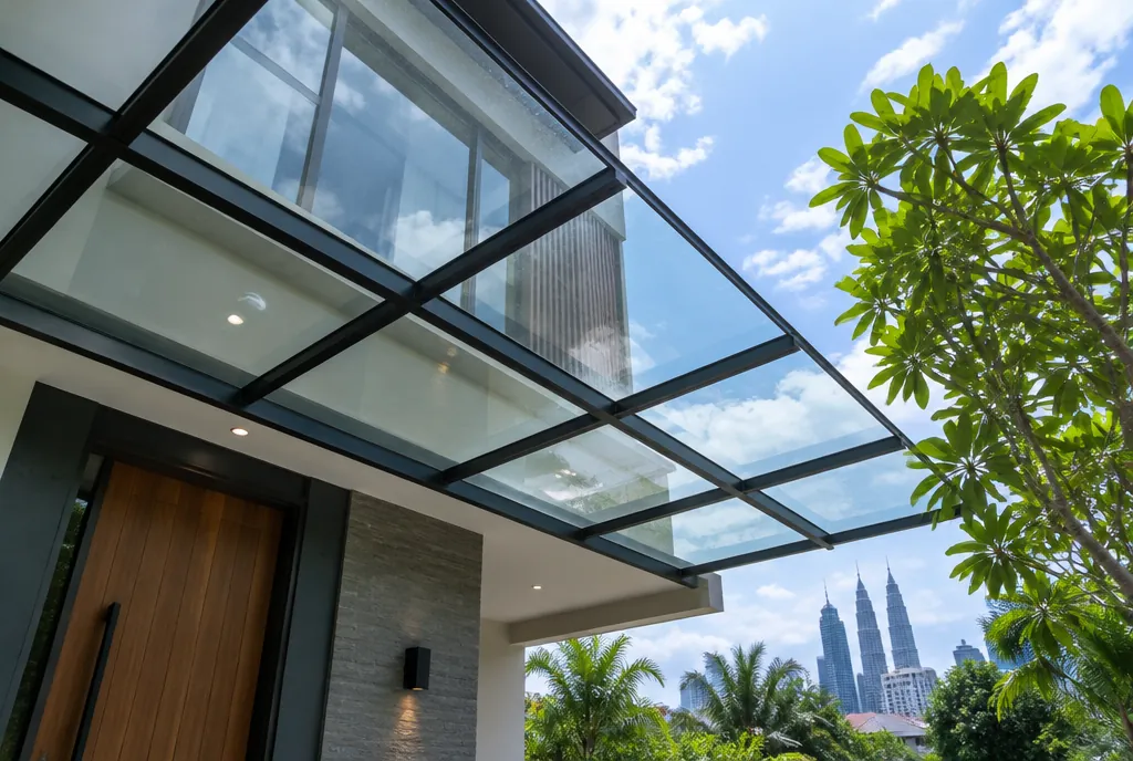 Glass awning underside with slim black aluminium frame at a Kuala Lumpur entrance