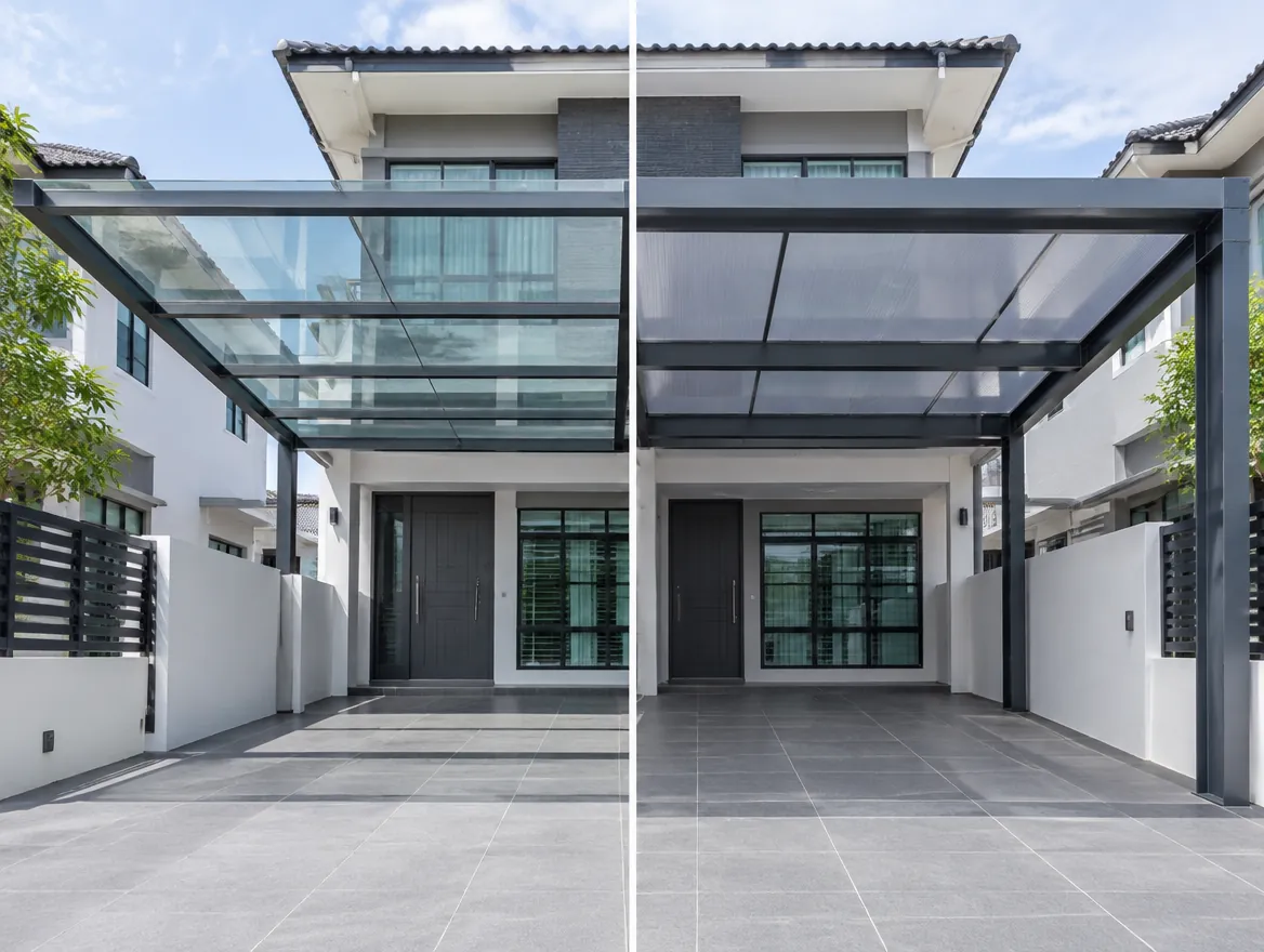 Same Malaysian car porch roofed in laminated glass on the left and polycarbonate on the right
