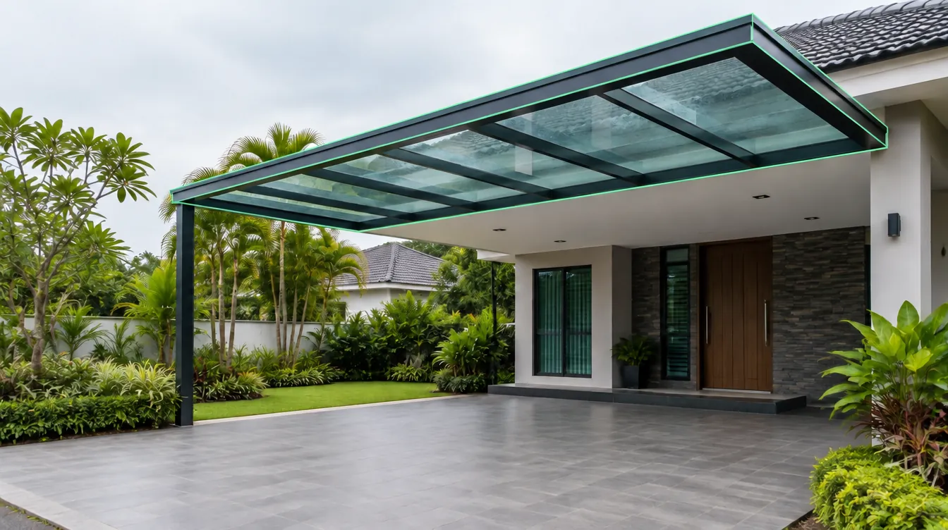 Laminated glass car porch awning on a Kuala Lumpur bungalow with the awning outline highlighted