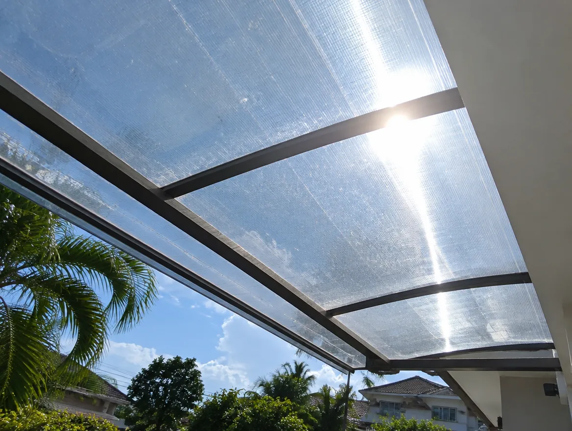 Looking up through a clear polycarbonate awning with glare and dust in Malaysia