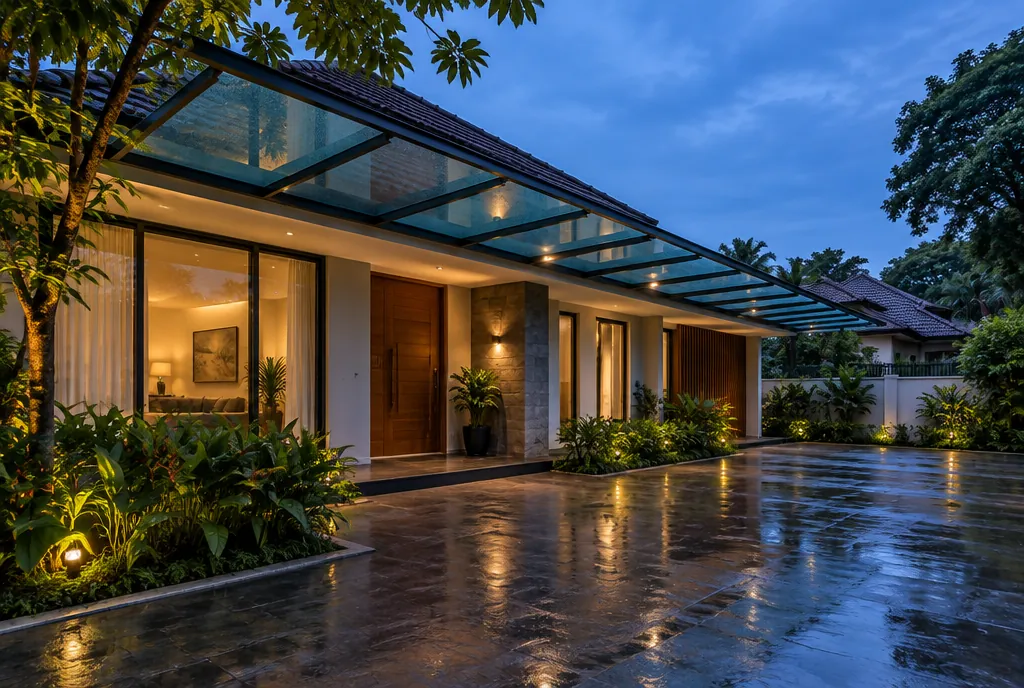 Cantilevered glass awning along a bungalow at dusk