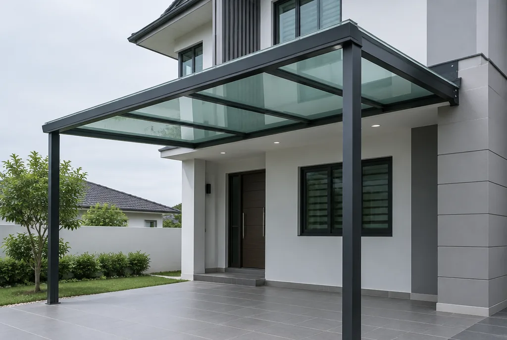 Cantilevered glass awning over a car porch with its parts numbered
