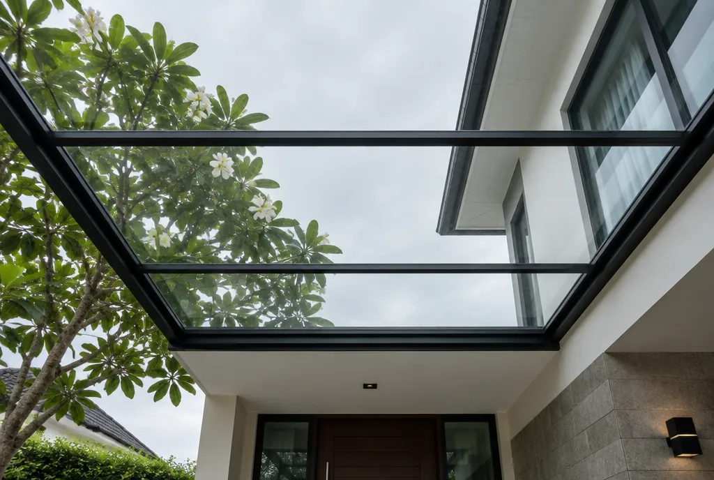 Glass awning underside with slim aluminium frame