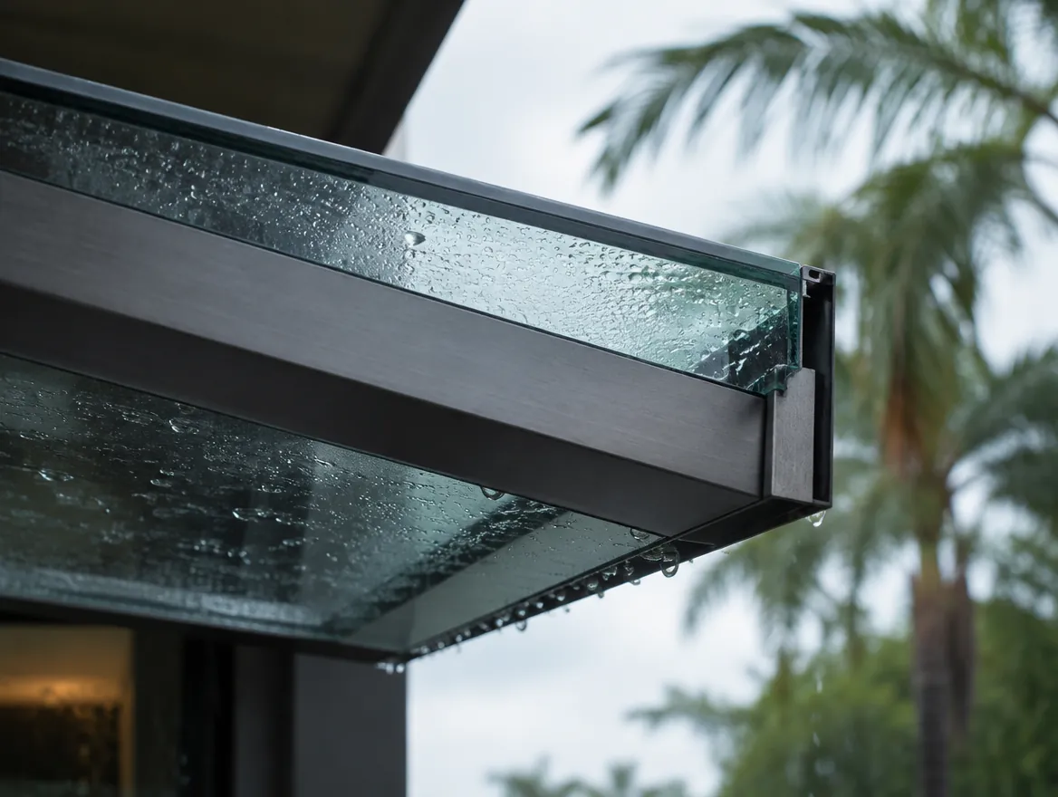Laminated glass awning edge with concealed drainage in the rain