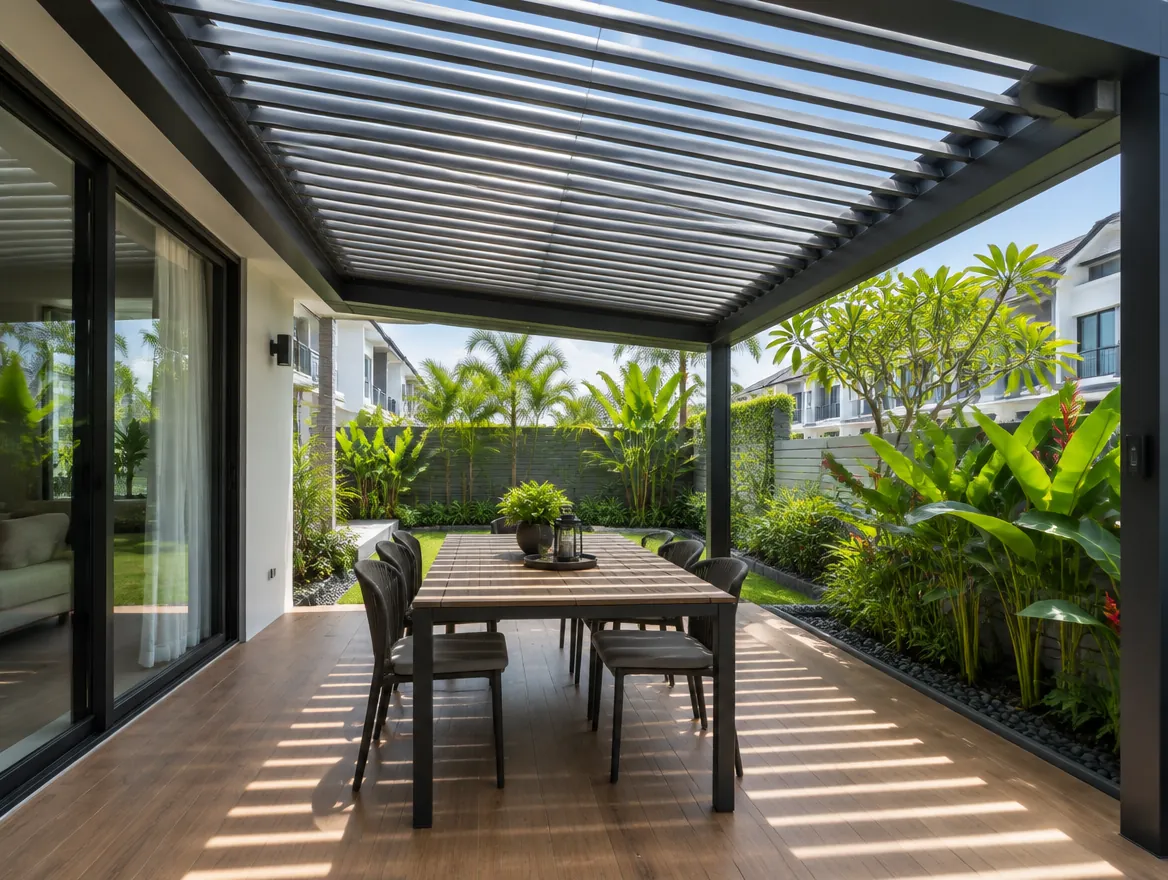 Motorised louvred aluminium pergola over a backyard dining area