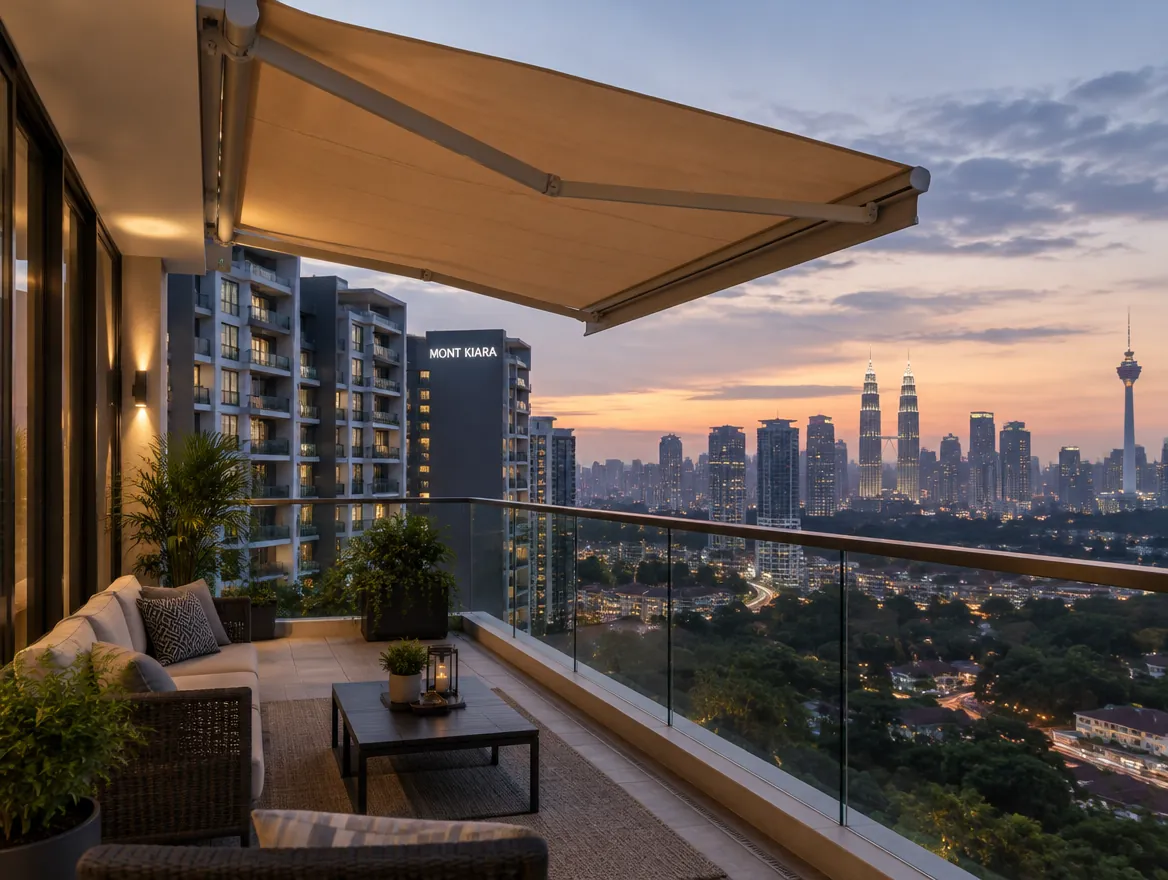 Motorised retractable awning on a condominium balcony