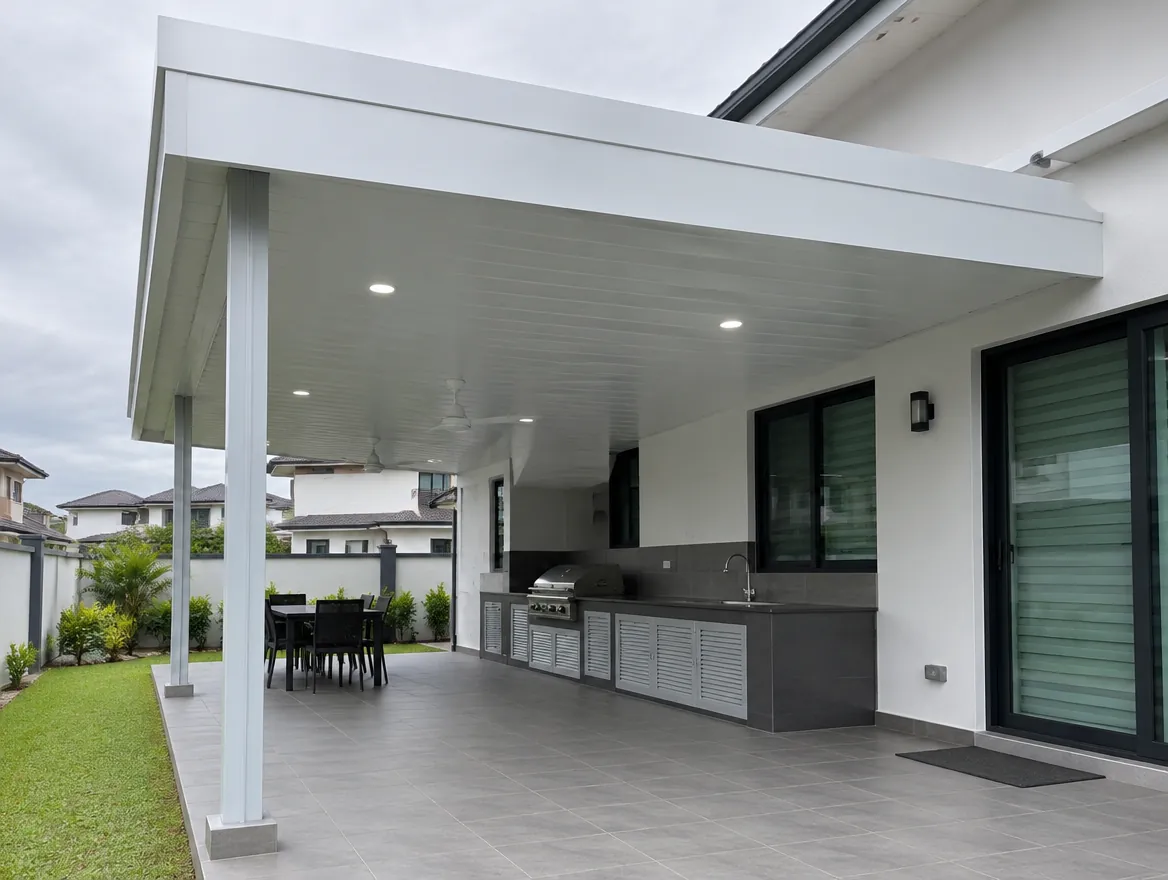 PU metal awning over a back porch and outdoor kitchen