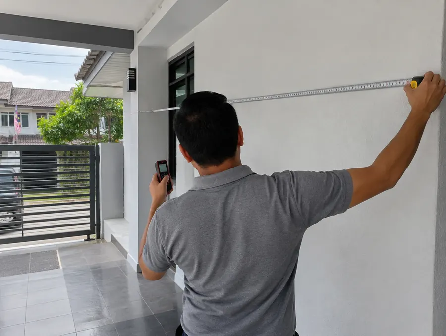 Technician measuring a car porch wall with a tape and laser meter