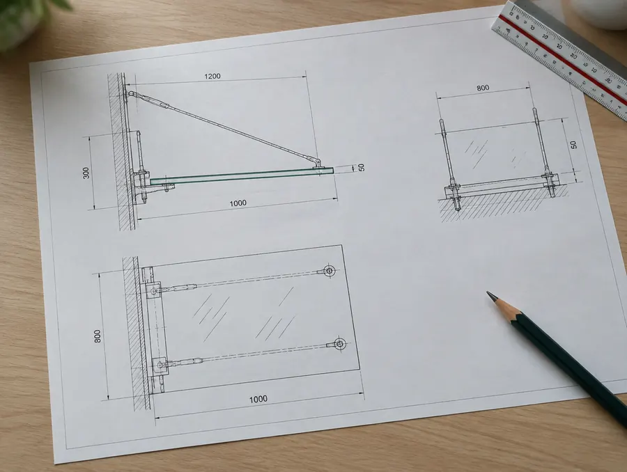 Dimensioned drawing of a glass awning cross-section on a desk