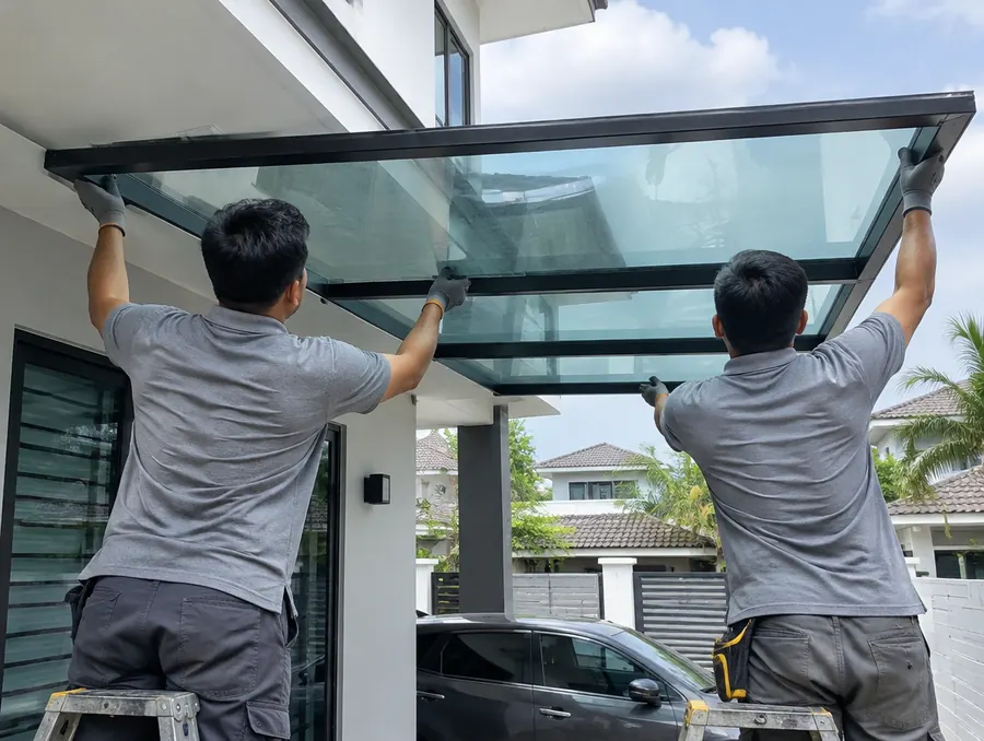 Installers lifting a laminated glass panel onto an aluminium awning frame